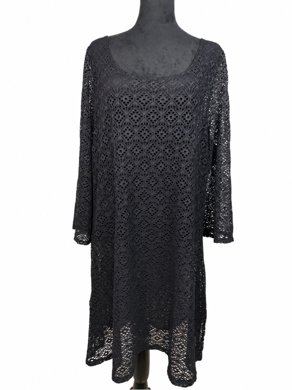 Miraclesuit Black Sheer Mesh Swim Cover-Up Tunic Dress Sz XL 3/4 Sleeves